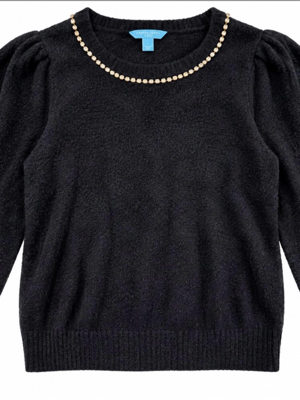 Holiday Old Money Draper James Black Crewneck Sweater with Gold Beaded Trim